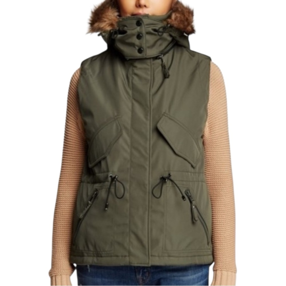 SAM. 13/NYC Olive Utility Puffer Vest Faux Fur Hood Funnel Neck Fishtail Hem XA